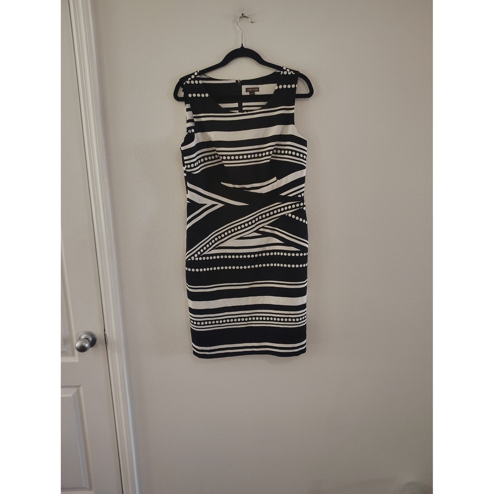 Voir Voir Womens Black White Striped Dotted Sleeveless Sheath Dress Size 10